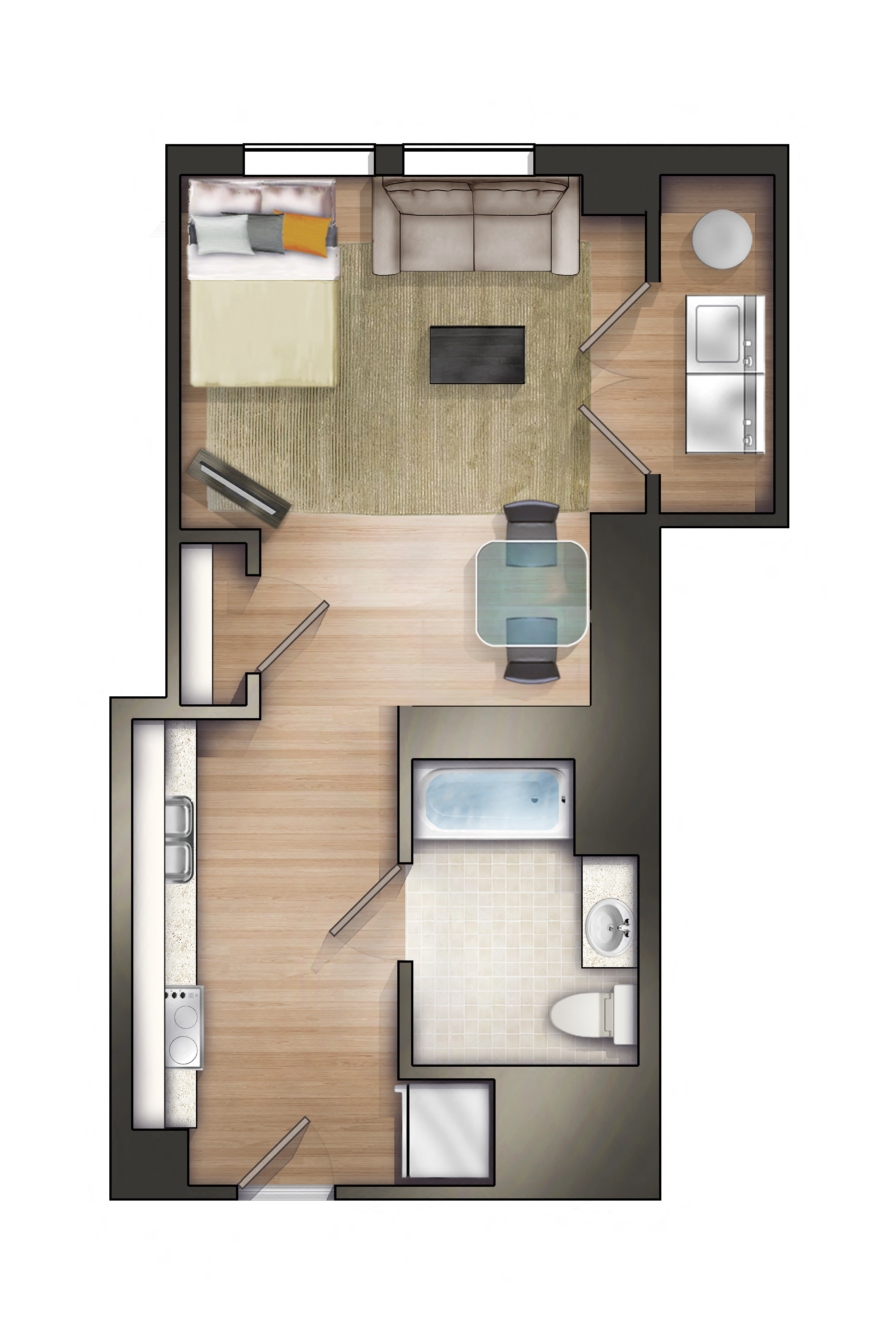 Floor plan for studio, 1 bath, 595 sqft